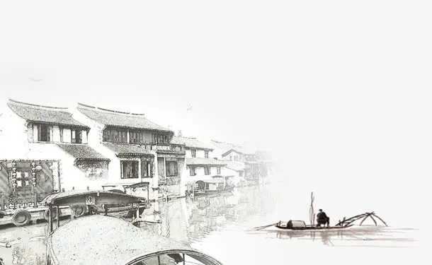 唯美古风江南水乡建筑免抠