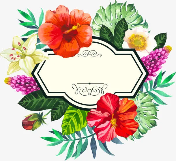 手绘水彩热带花朵边框免抠