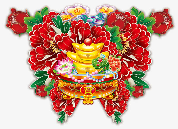 新年装饰牡丹花聚宝盆素材免抠
