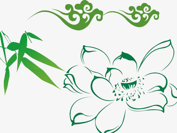 祥云翠竹荷花绿色图案免抠