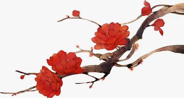 红色花朵树枝彩绘素材免抠