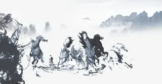 万马奔腾墨画免抠