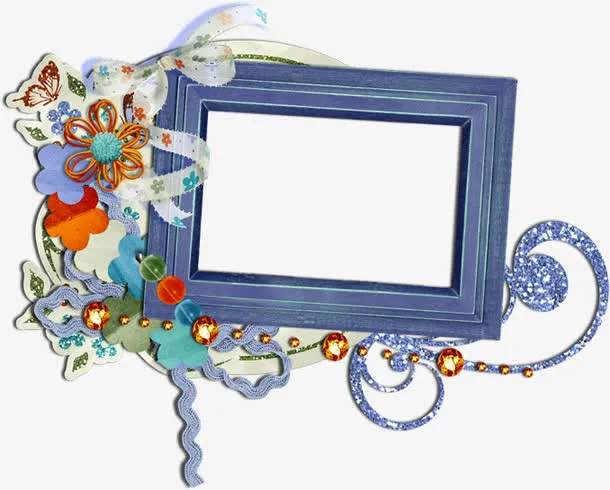 蓝色鲜花装饰相框免抠