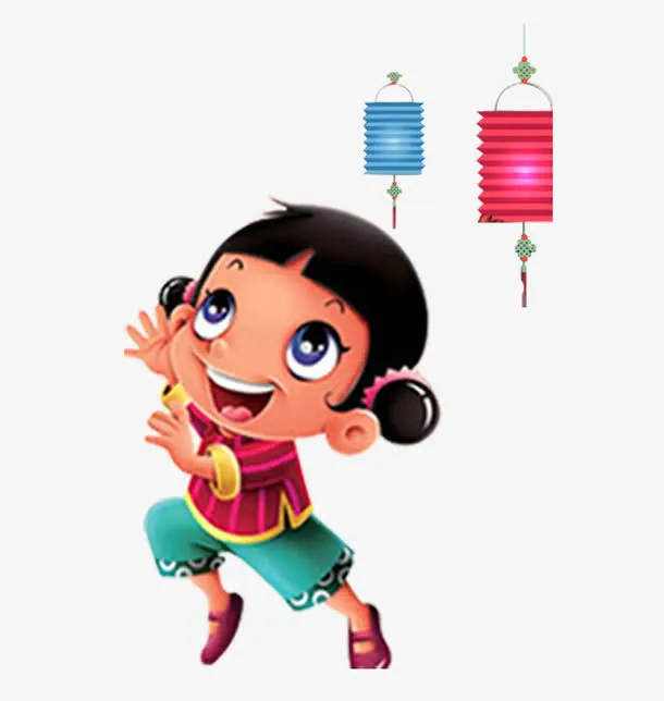 赏花灯的小女孩元素免抠