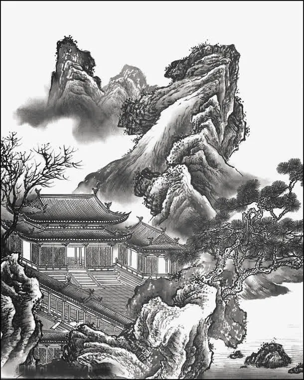 水墨山水画山脊桃树房屋免抠
