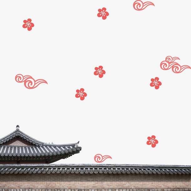 卡通屋檐鲜花祥云免抠