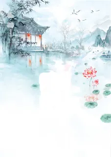 蓝色中国画荷塘凉亭免抠 蓝色中国画荷塘凉亭免抠