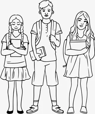 手绘线条三个学生免抠