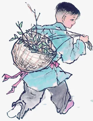 手绘男孩背着小背篓劳动免抠