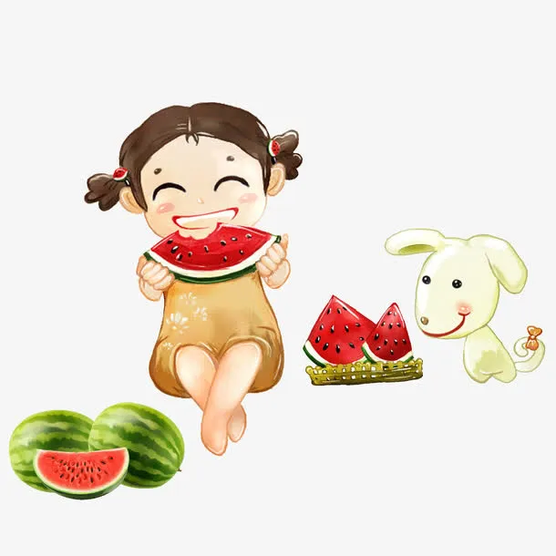吃西瓜的小女孩插画免抠