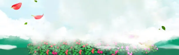 白云笼罩的绿叶红花免抠