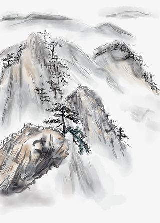 中国古风水墨山水画免抠