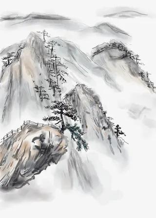 中国古风水墨山水画免抠