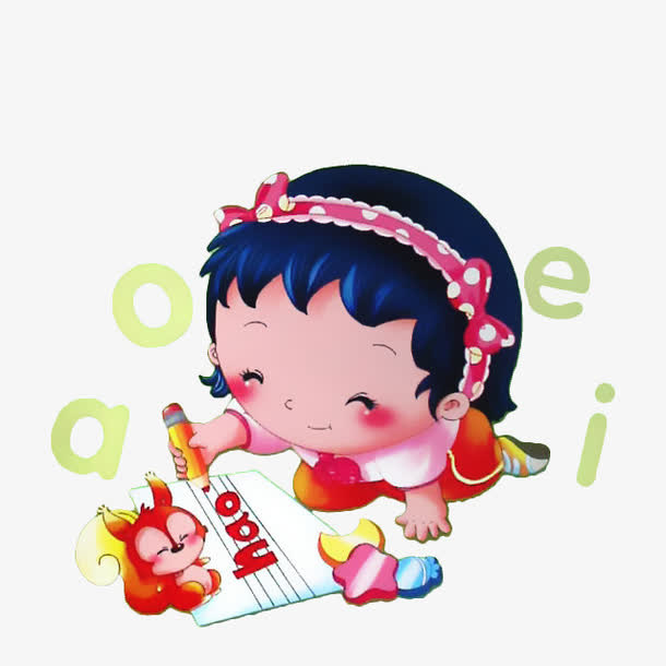 卡通小女孩学拼音免抠