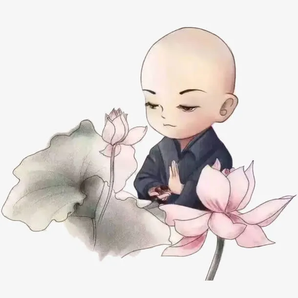 中国风手绘水墨小和尚和莲花免抠