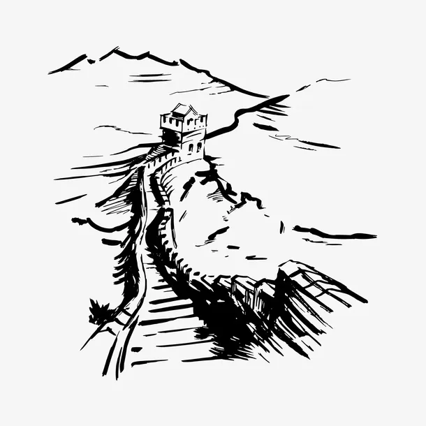 手绘古长城效果图免抠