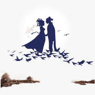 七夕牛郎织女相会剪影下载免抠