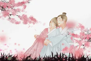春天樱花手绘古风人物草地免抠手绘/卡通手绘元素