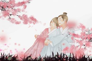 春天樱花手绘古风人物草地免抠手绘/卡通手绘元素