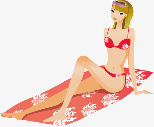 沙滩红色比基尼金发时尚美女免抠