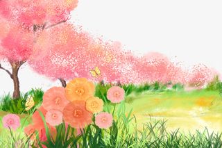 春天樱花草地花朵蝴蝶免抠手绘/卡通手绘元素