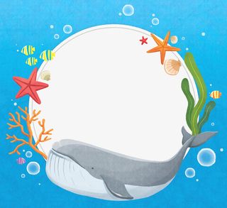 蓝色鲸鱼水墨边框元素免抠