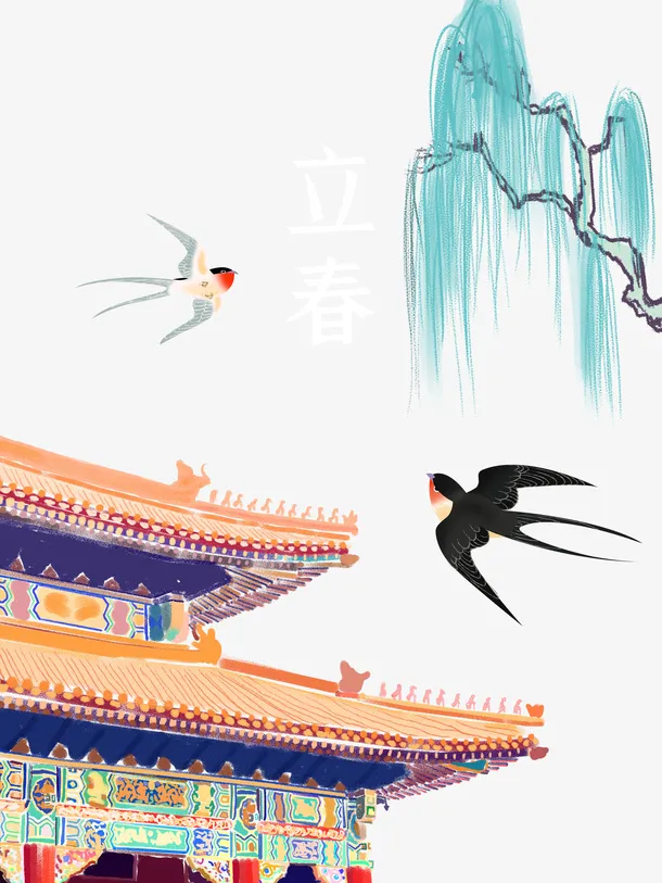 立春柳树燕子飞檐手绘元素图免抠手绘/卡通手绘元素