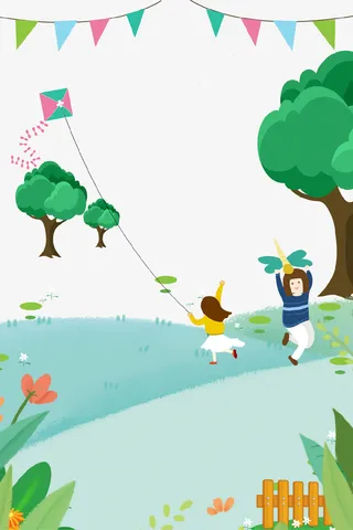 卡通手绘创意春天放风筝插画免抠