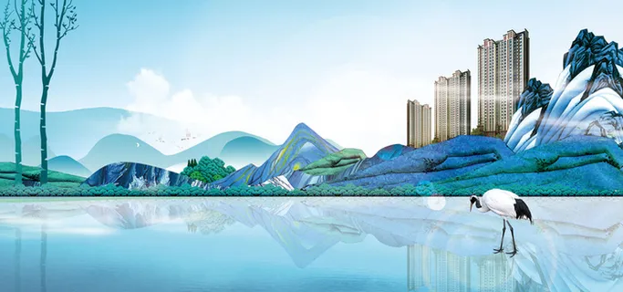 简约蓝色房地产中式背景高清