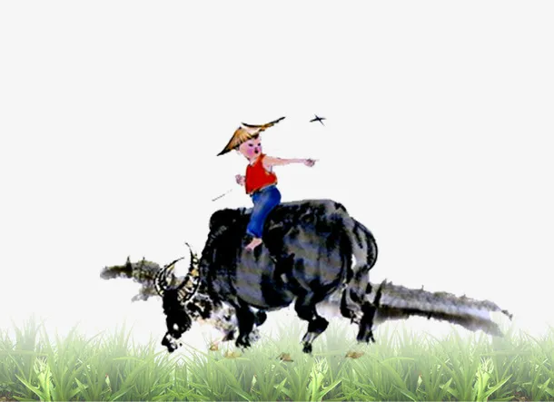 骑着牛的牧童水墨画元素免抠