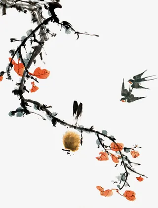 国风，水墨画，燕子，花，树免抠