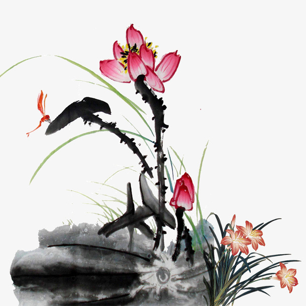 水墨蜻蜓立荷花素材免抠