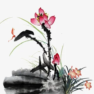水墨蜻蜓立荷花素材免抠