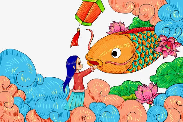 手绘年年有余装饰插画素材免抠