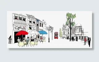 小清新繁华街道手绘免抠