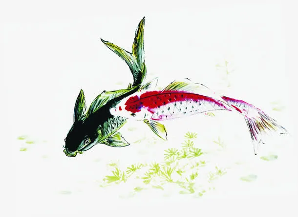 水墨小鱼水草美景免抠