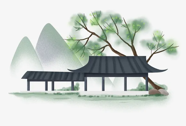 中国风手绘水墨风景山水徽派建筑49免抠