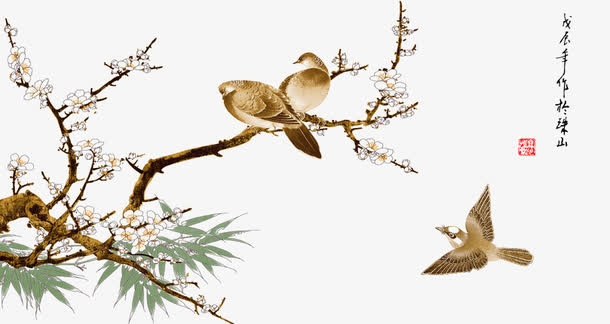 花鸟工笔画梅花免抠
