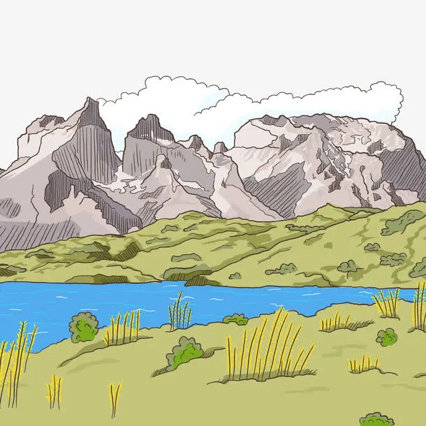 彩绘山与河流风景矢量图免抠