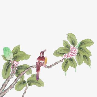 古风彩绘绿鸟白花绿叶免抠