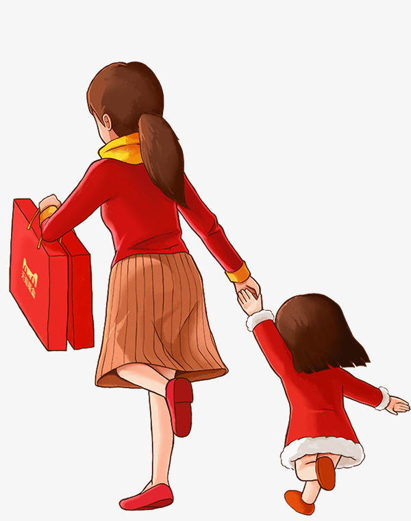 手绘穿红衣服的母女背影免抠