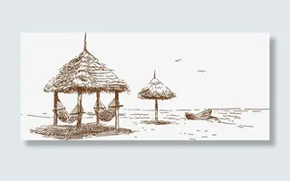 夏季海滩手绘线稿素材矢量素材免抠