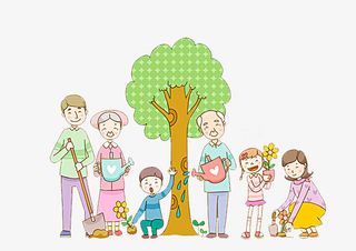 手绘祖孙三代种树的素材免抠