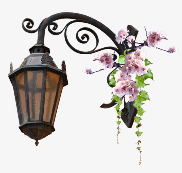 老旧孤灯白色花绿叶免抠