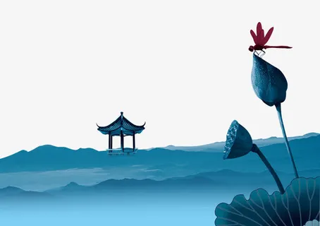蓝色荷花远山亭子古风意境免扣素免抠