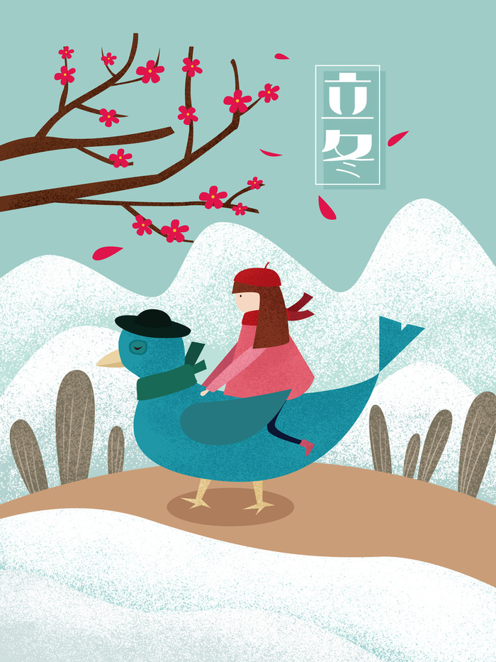 卡通手绘梅花白色清新立冬插画海报高清