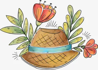 手绘草帽和鲜花免抠