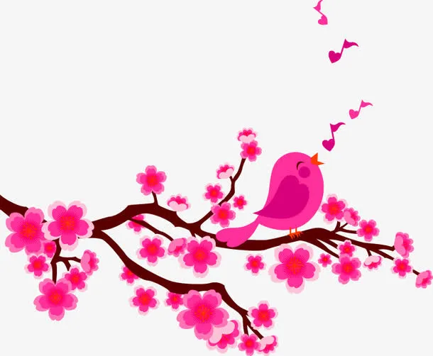 粉红色桃花卡通小鸟装饰图案免抠