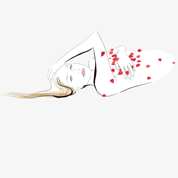 身上铺满玫瑰花瓣的美女免抠