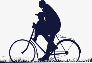 高清水墨画手绘父亲节父子骑单车免抠